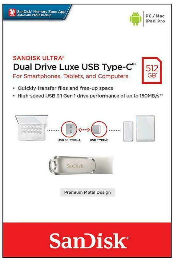 فلش مموری سن دیسک Sandisk Ultra Dual Drive Luxe USB Type-C ظرفیت512GB /نماکم