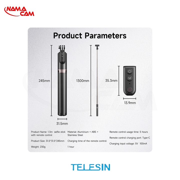 مونوپاد همراه با سه پایه ریموت‌دار تلسین برای گوپرو و موبایل - TELESIN RCSS-003/نماکم