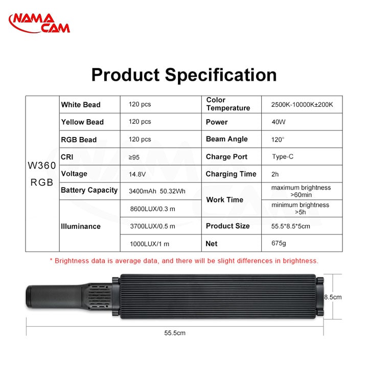 نور باتومی RGB همراه با شیدر Vloglite W360 RGB Tube Light/نماکم
