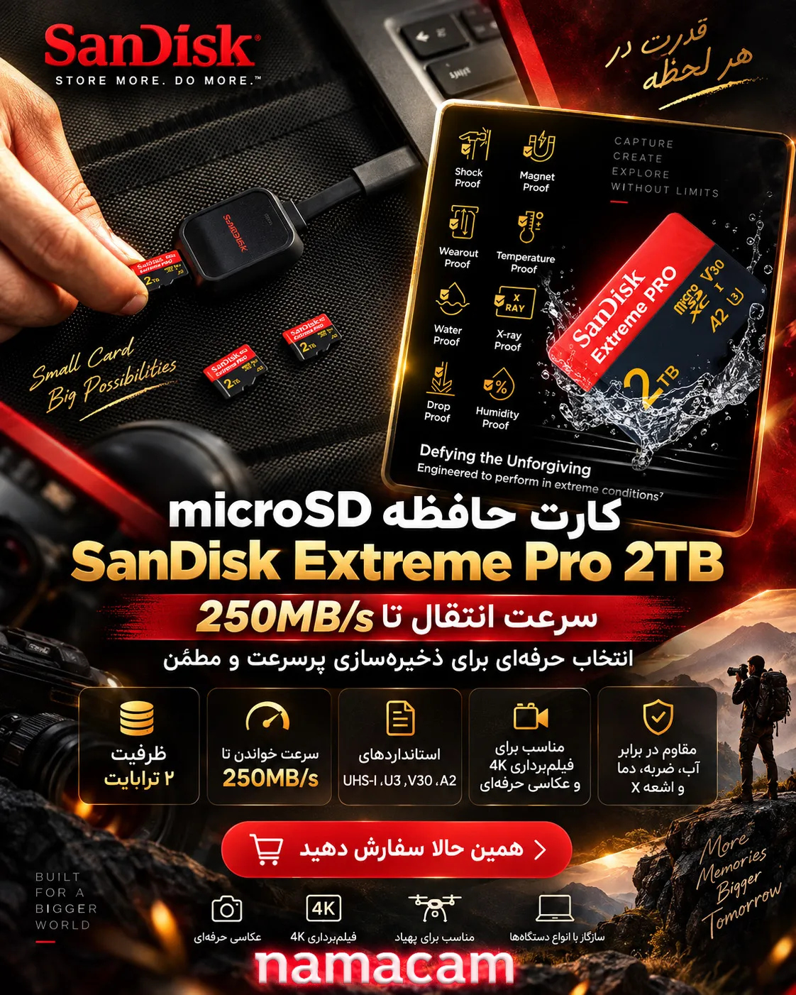 پوستر نماکم برای کارت حافظه میکرو اس دی SanDisk extreme Pro 2T – سرعت 250m/s