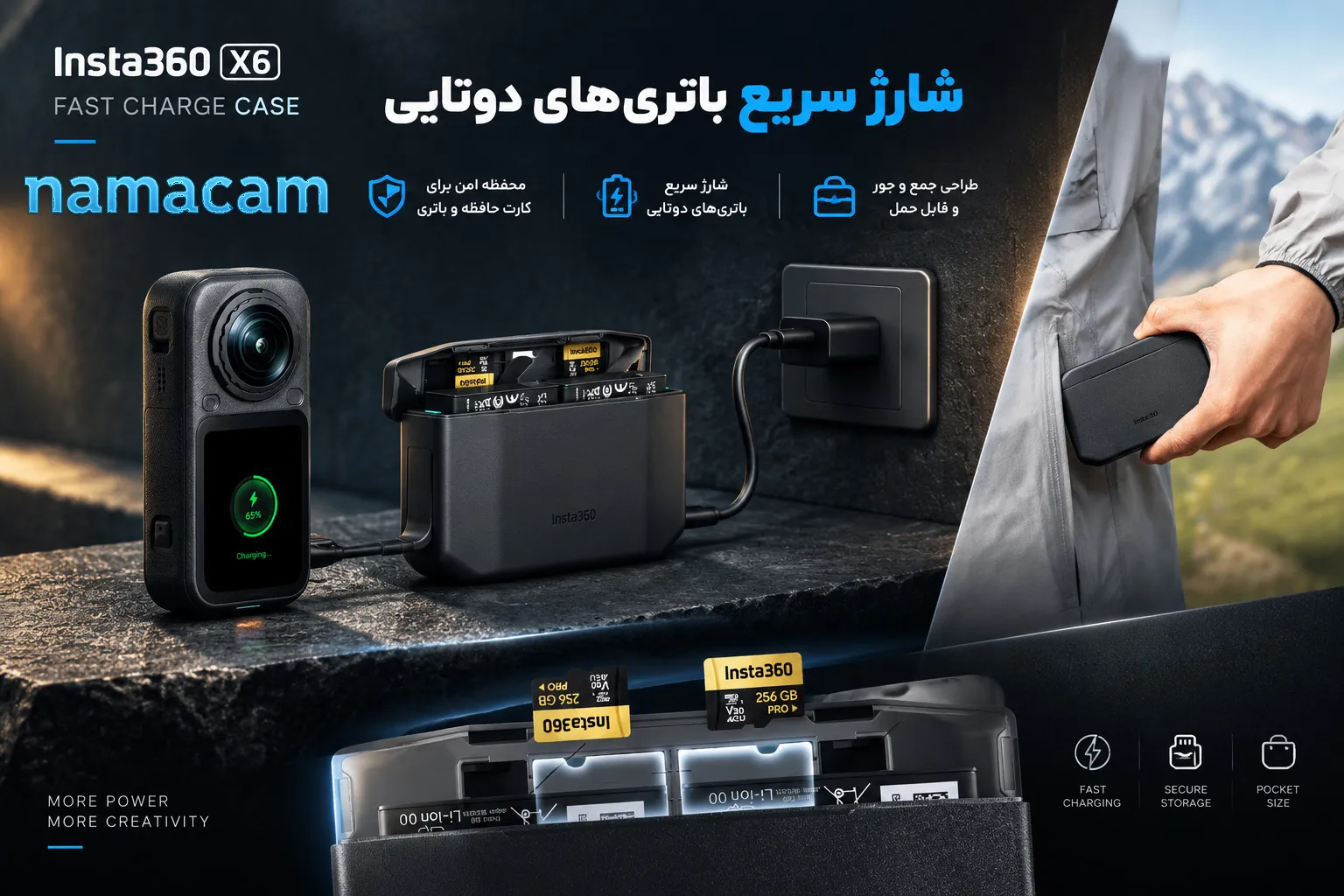 پوستر نماکم برای شارژر باتری دوتایی اینستا360 X6 - اصلی X6 Fast Charge Case