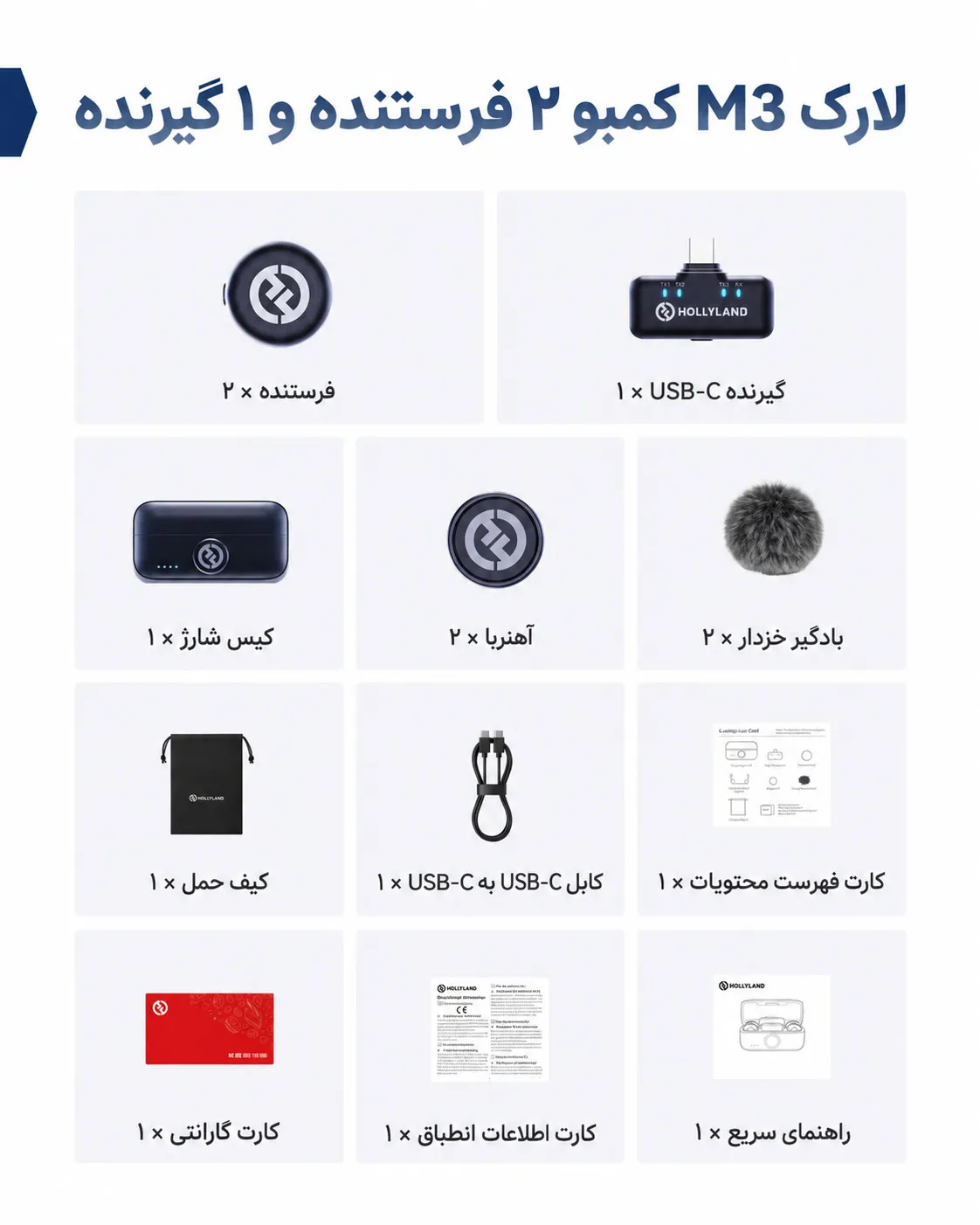 آنچه در جعبه میکروفون بی‌سیم هالی‌لند لارک M3 - دو میکروفون و تایپ سی - LARK M3 Combo 2TX+1RX است