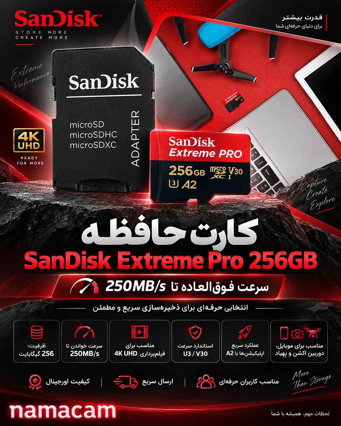 پوستر نماکم برای کارت حافظه میکرو اس دی SanDisk extreme Pro 256 GB – سرعت 250m/s